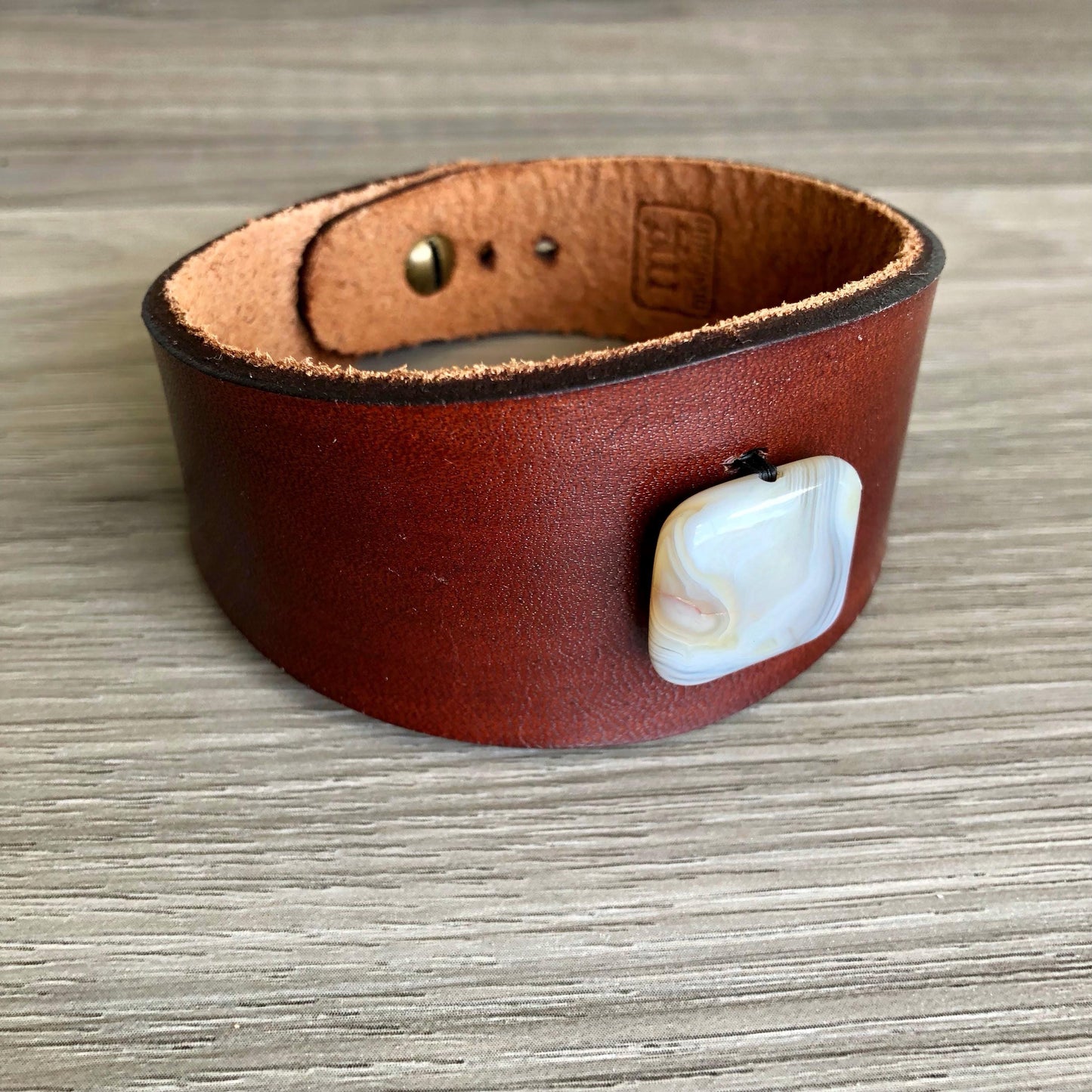 Brown Leather Bracelet with White Agate Bead