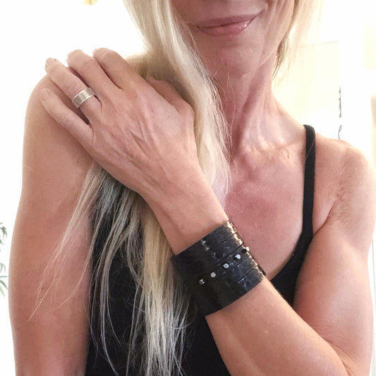 Black Snakeskin Leather Slit Cuff with Beads