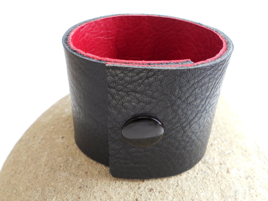 Wide Black Leather Bracelet Cuff with Turquoise Beads
