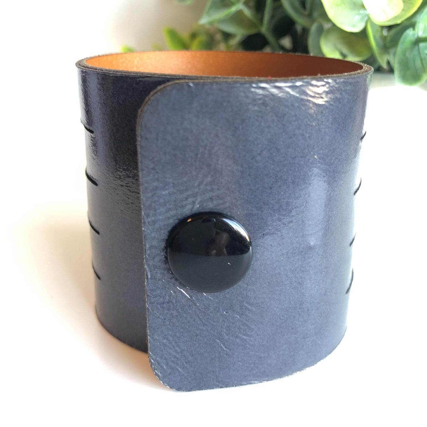 Navy Blue Leather Slit Bracelet with Beads