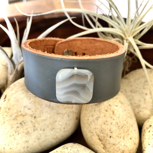 Gray Rawhide Leather Bracelet with White Agate Stone Bead