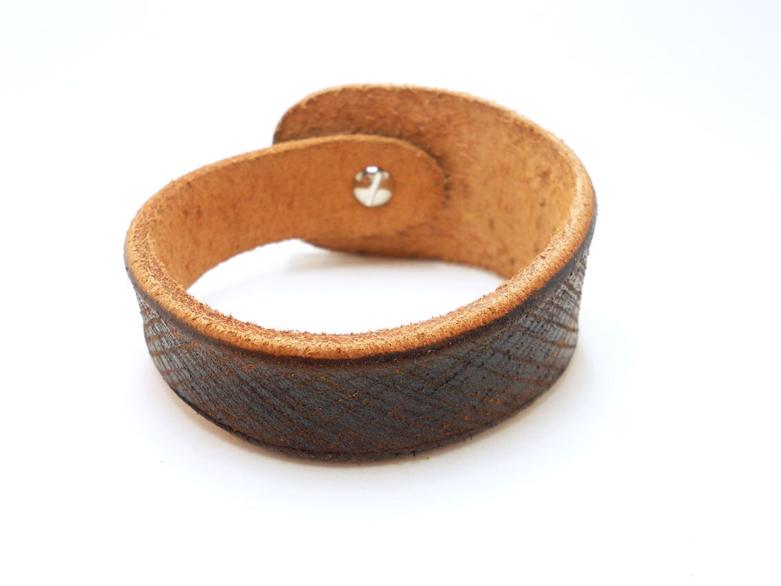 Unisex Hand Etched Brown Leather Bracelet Cuff