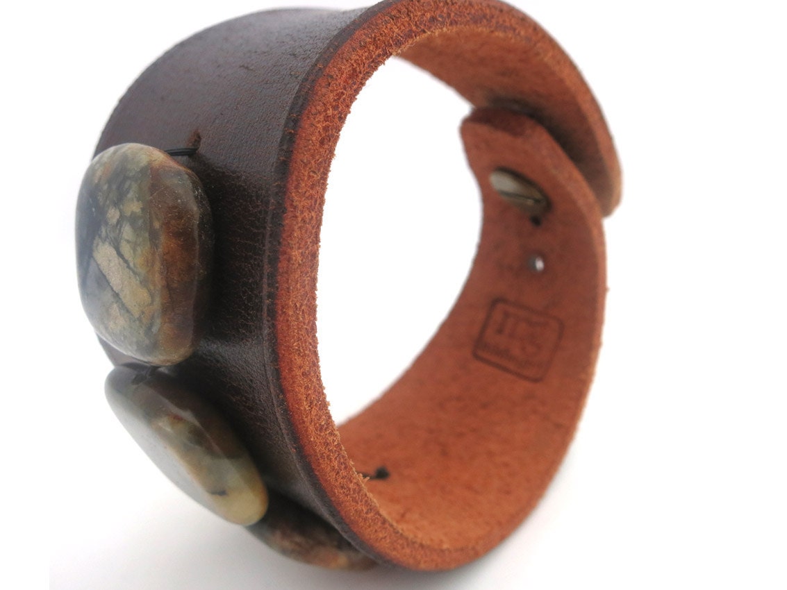 Brown Leather Bracelet with Earthy Jade Stone Beads