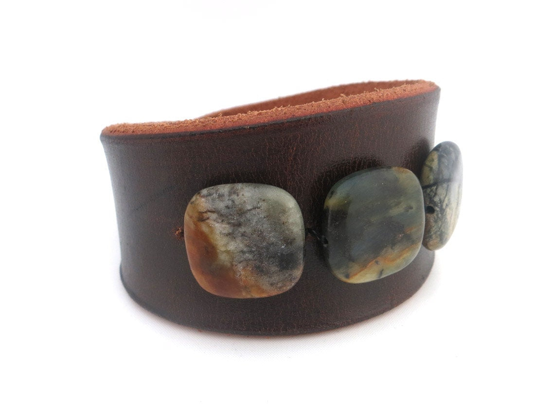 Brown Leather Bracelet with Earthy Jade Stone Beads