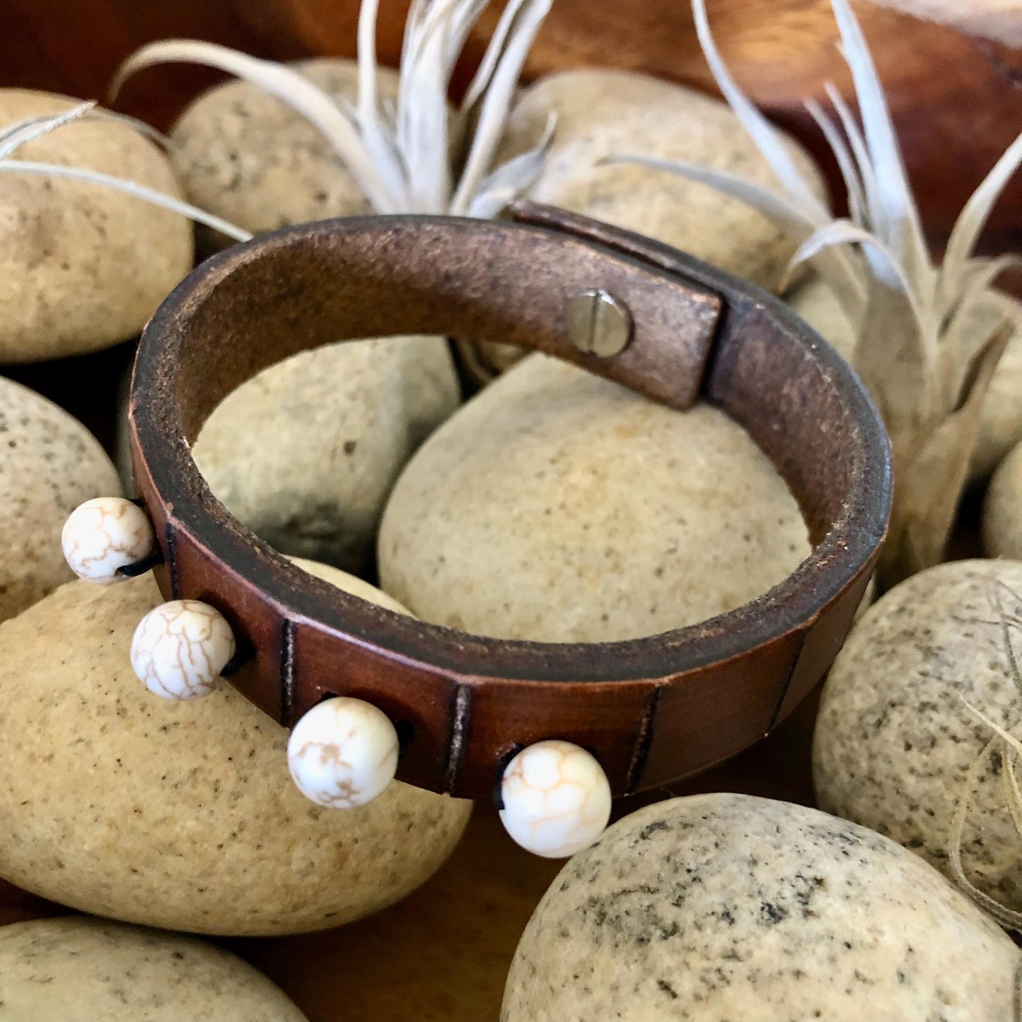 Thin Brown Leather Wristband with White Beads
