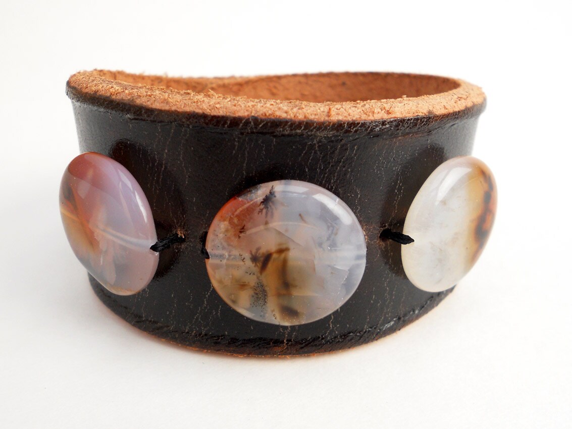Dark Brown Leather Bracelet with Crystal Agate Beads