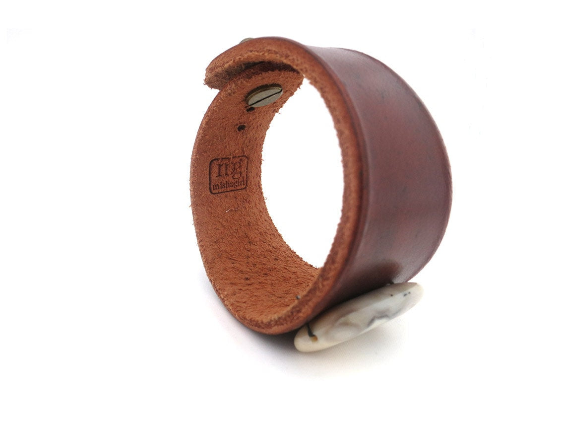 Brown Leather Bracelet Cuff with White Carnelian Stone Bead