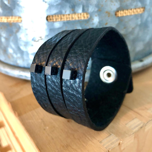 Black Leather Slit Cuff with Beads