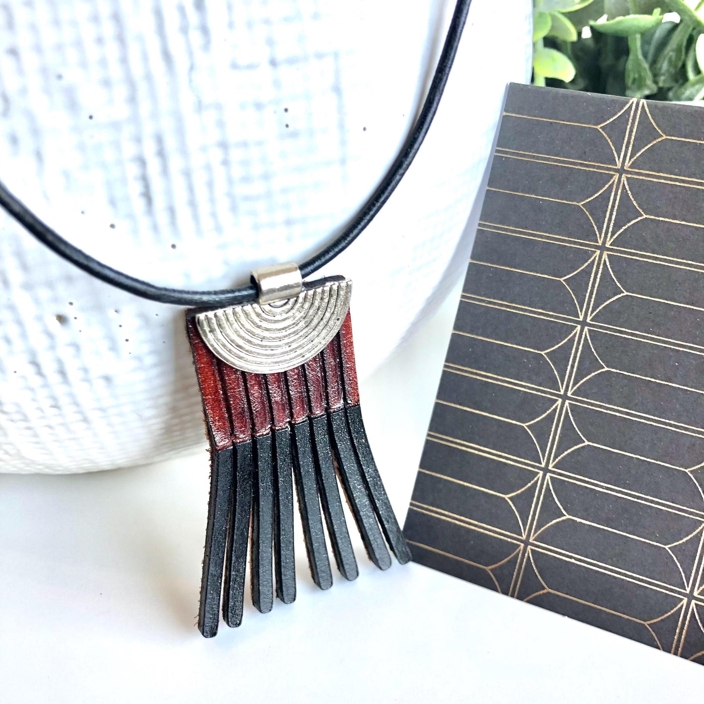 Black and Brown Leather Fringe Necklace