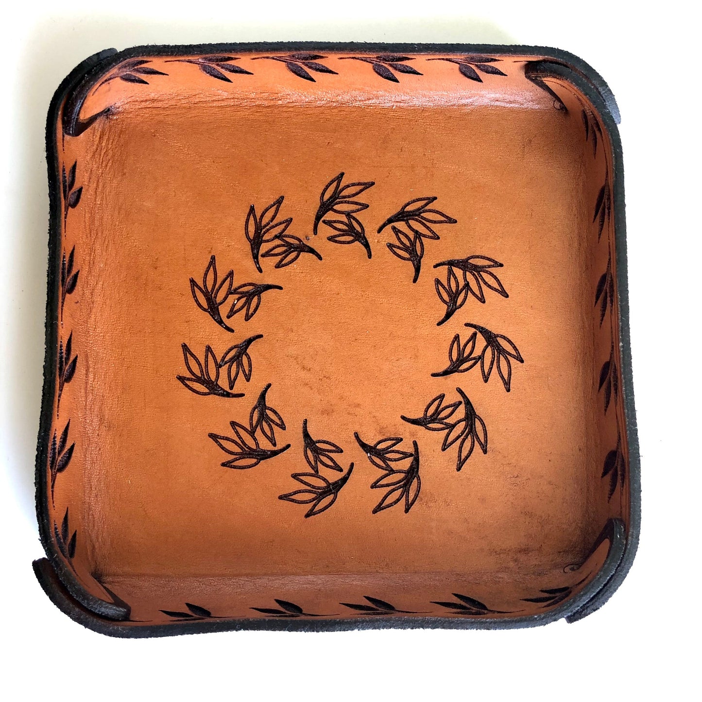 Handmade Leather Catch All Tray with Leaf Motif