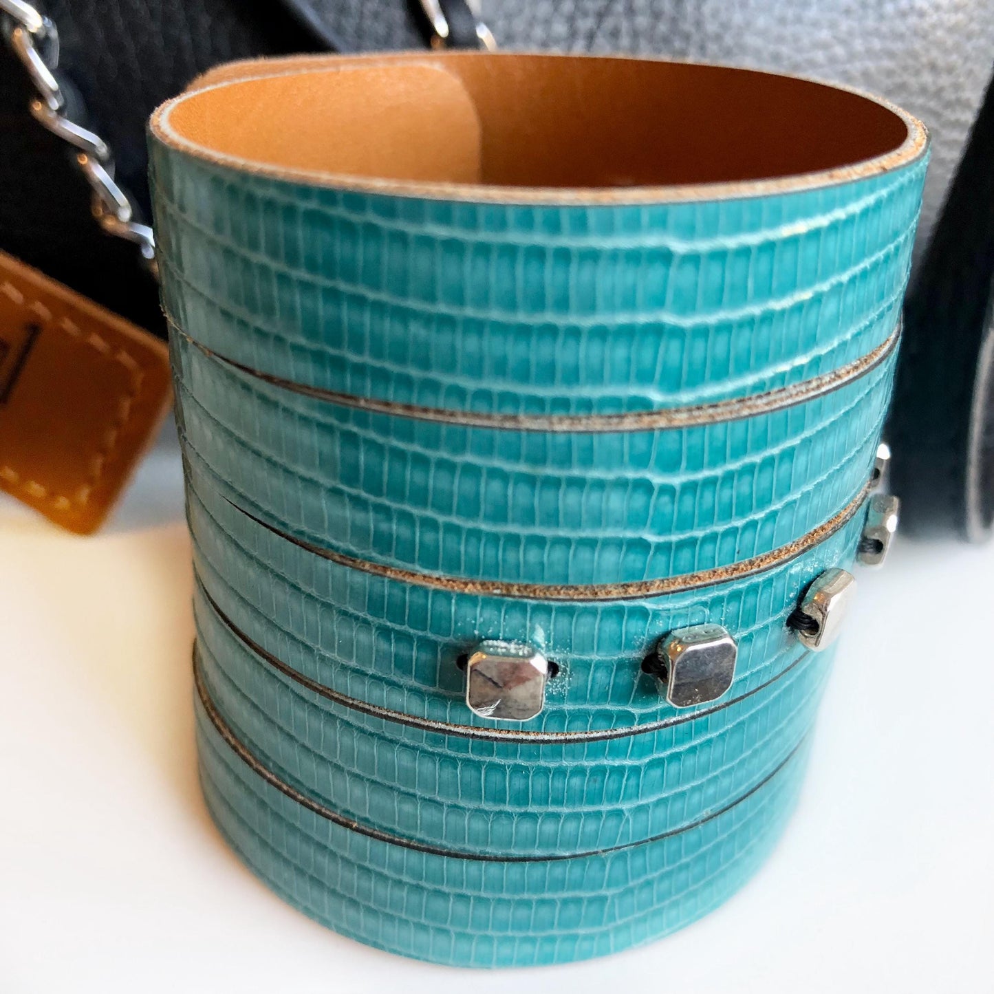 Turquoise Leather Slit Cuff with Beads