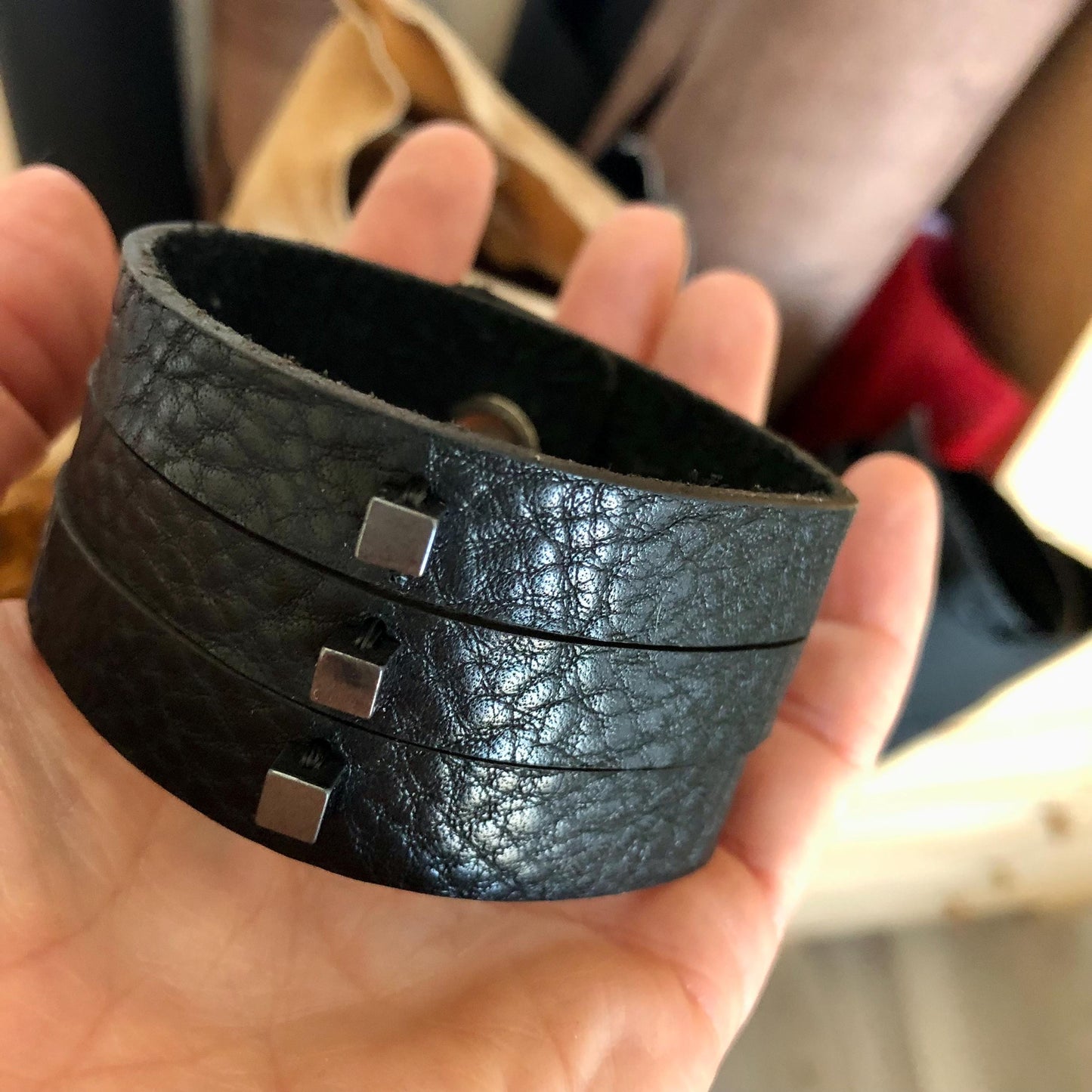 Black Leather Slit Cuff with Beads