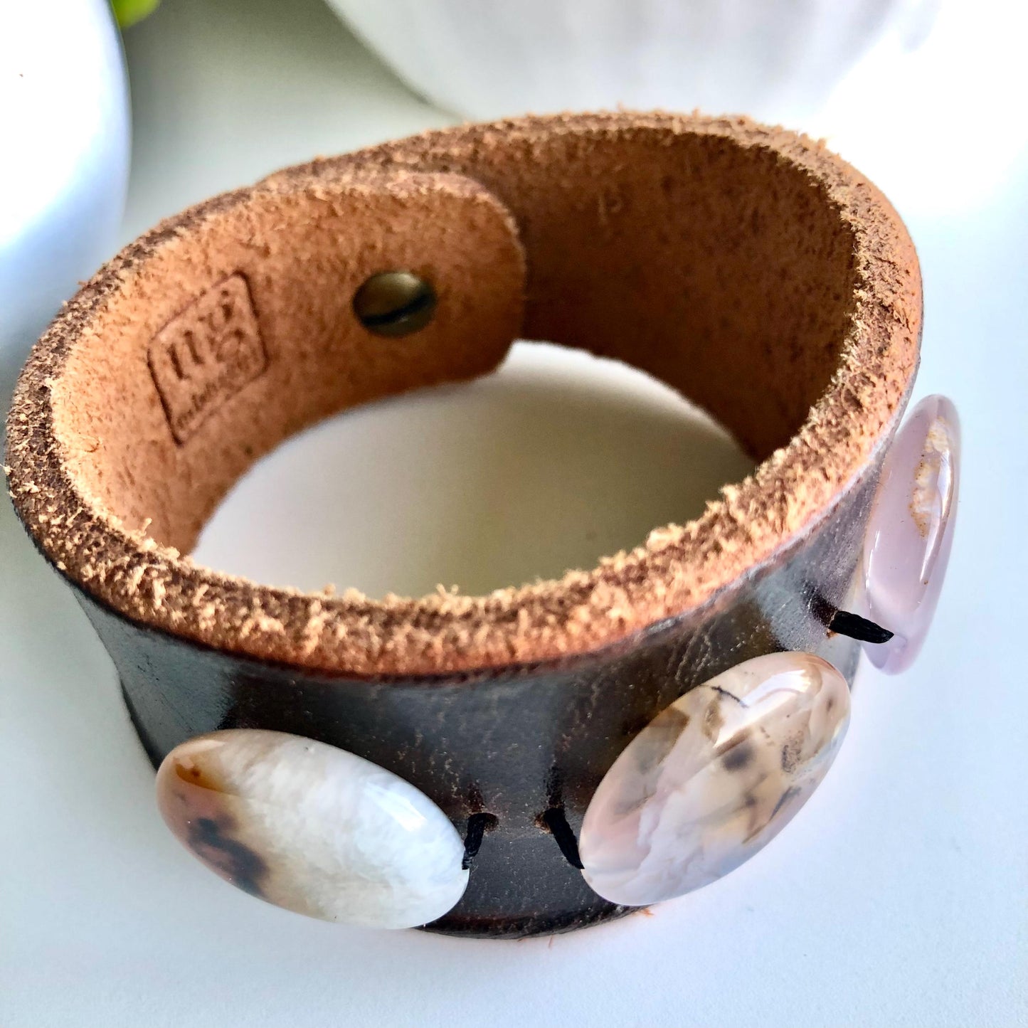 Dark Brown Leather Bracelet with Crystal Agate Beads