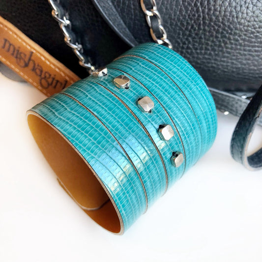 Turquoise Leather Slit Cuff with Beads
