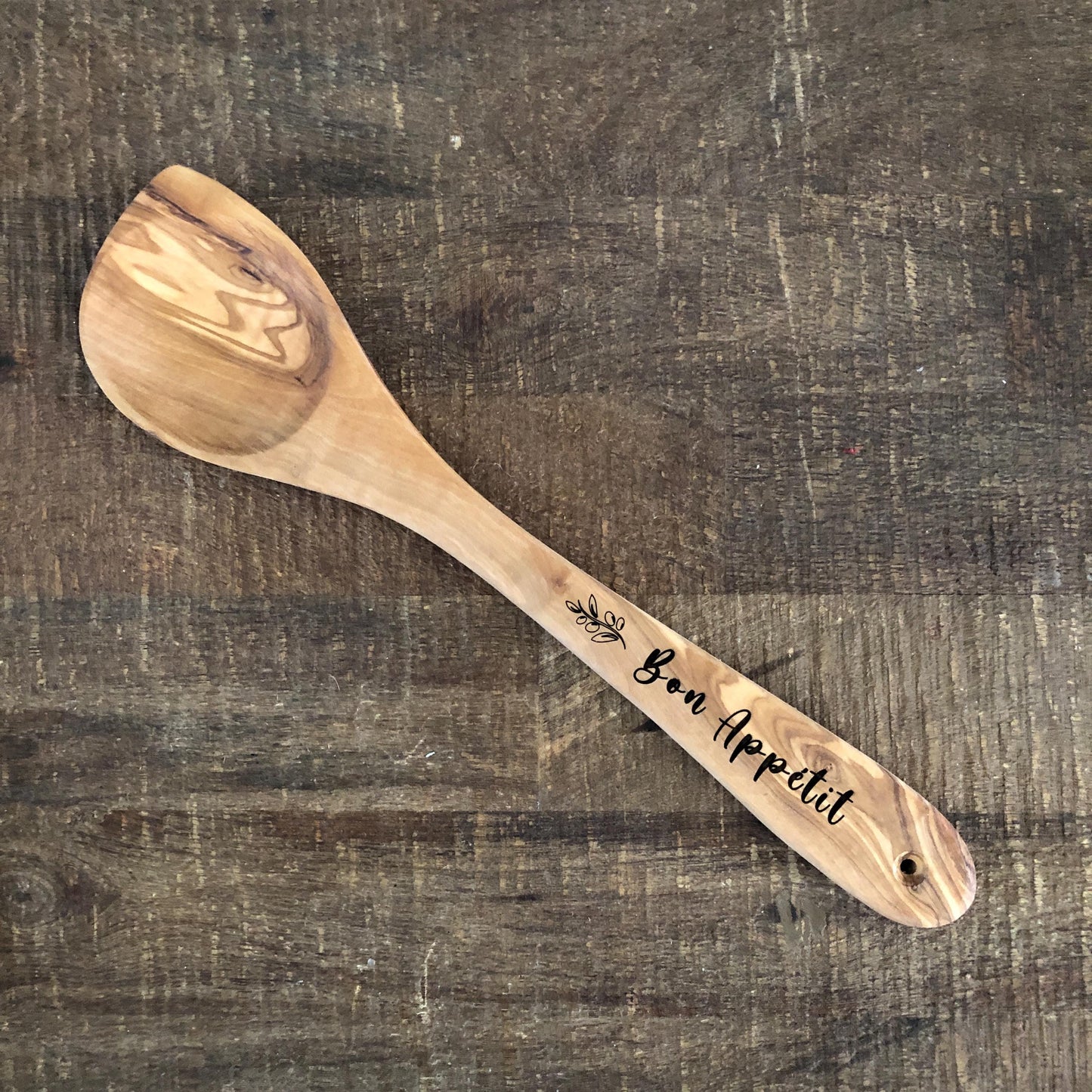 Wooden Spoon, Olive Wood Engraved with Bon Appétit