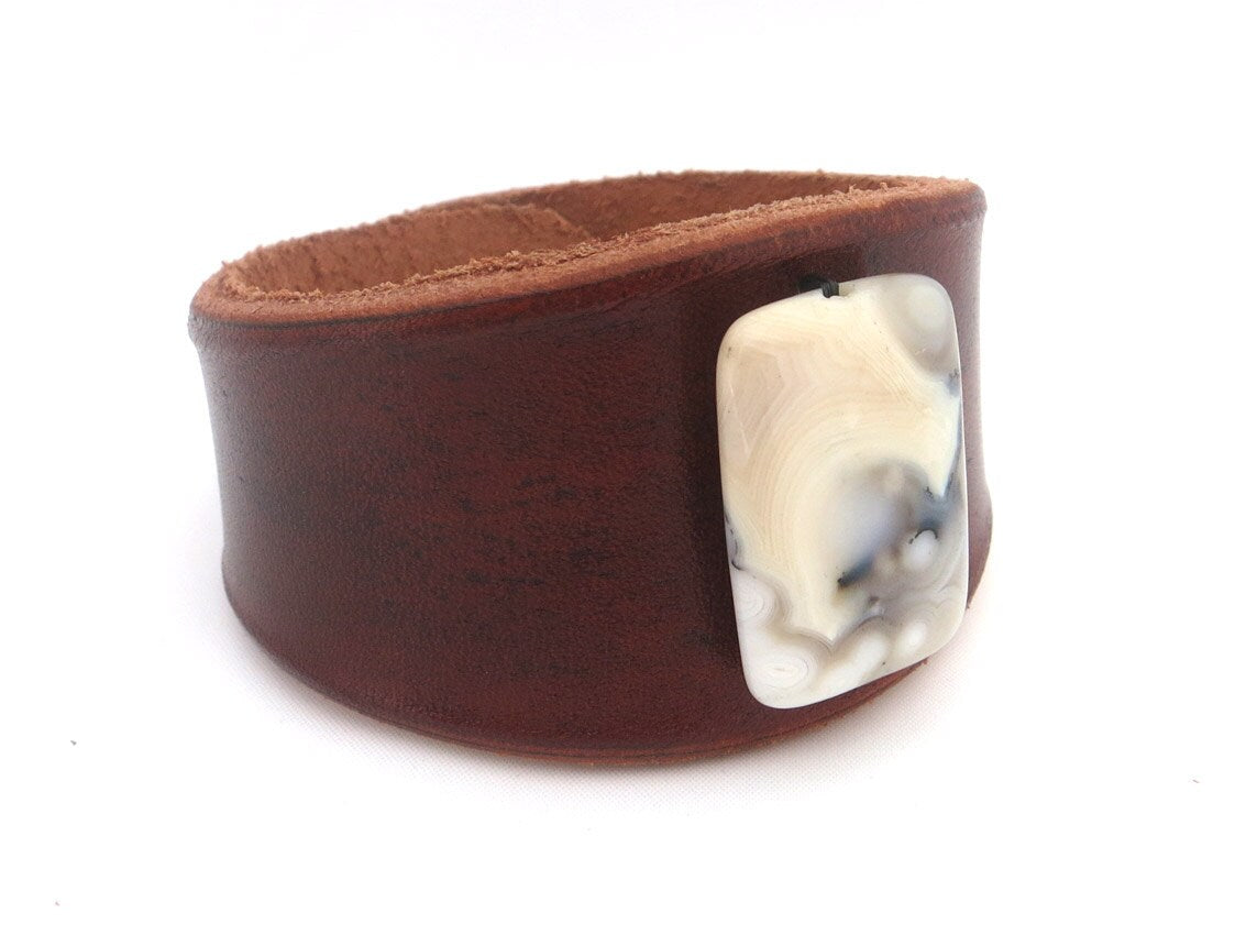 Brown Leather Bracelet Cuff with White Carnelian Stone Bead