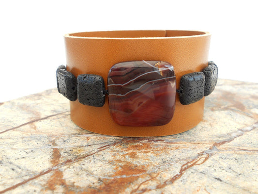 Handmade Leather Bracelet with Black Lava Stone Beads