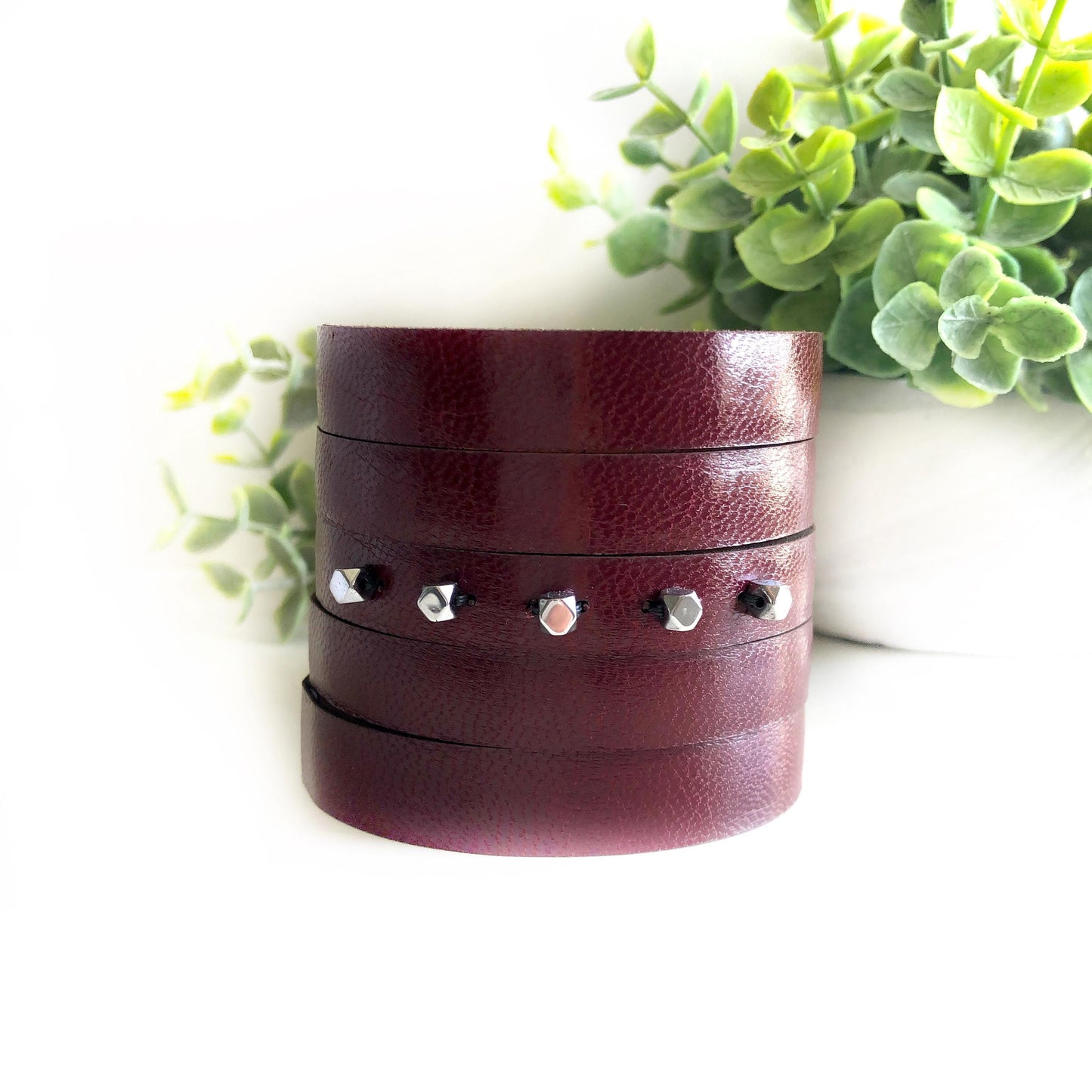 Burgundy Leather Wrist Cuff with Slits