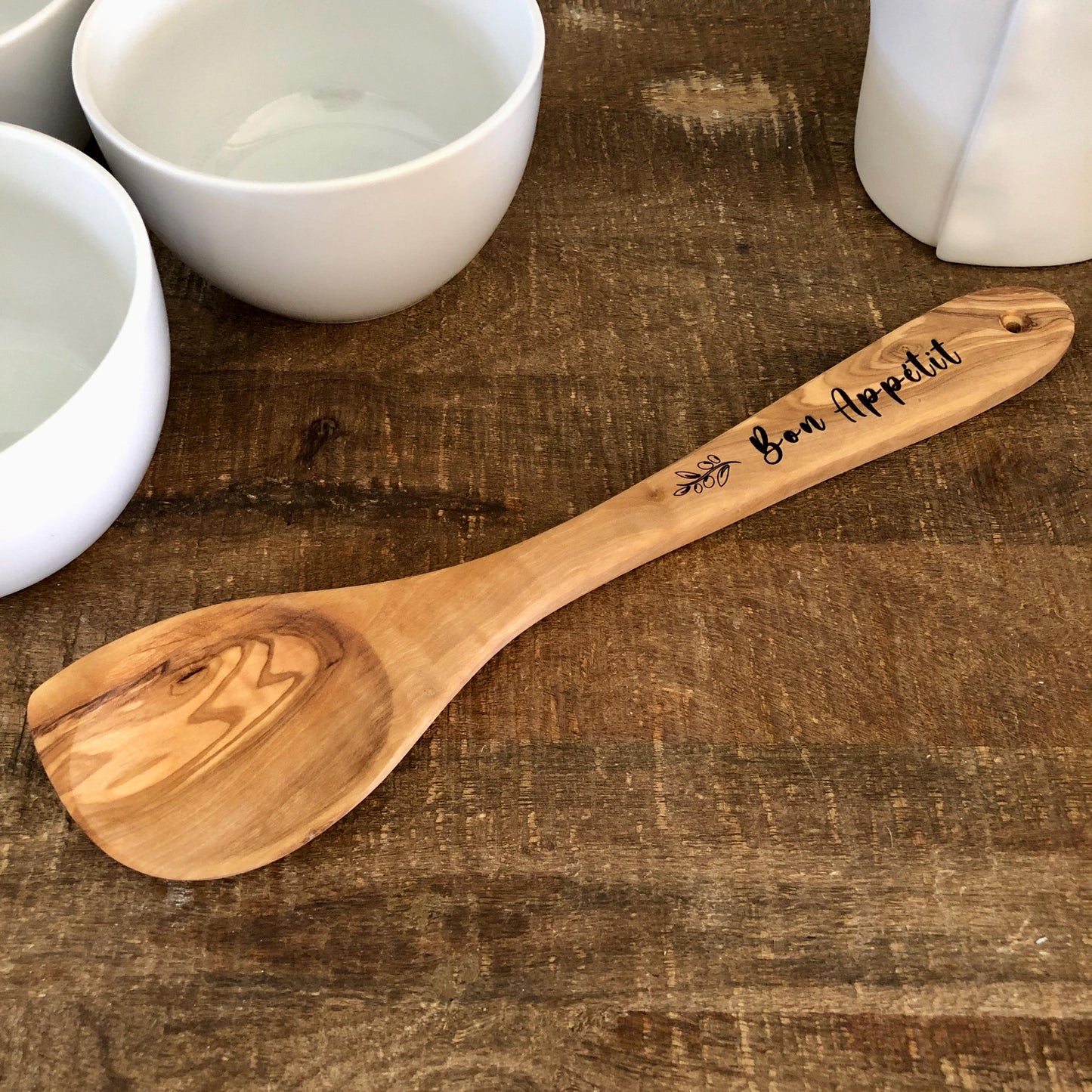 Wooden Spoon, Olive Wood Engraved with Bon Appétit