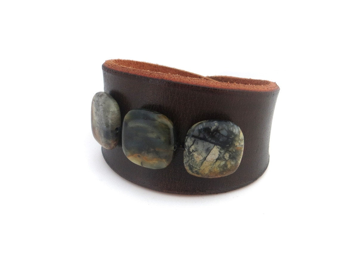 Brown Leather Bracelet with Earthy Jade Stone Beads
