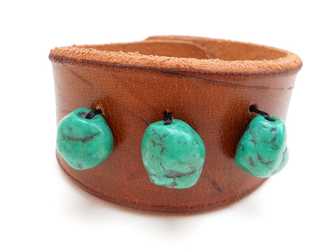 Brown Leather Bracelet Cuff with Teal Beads