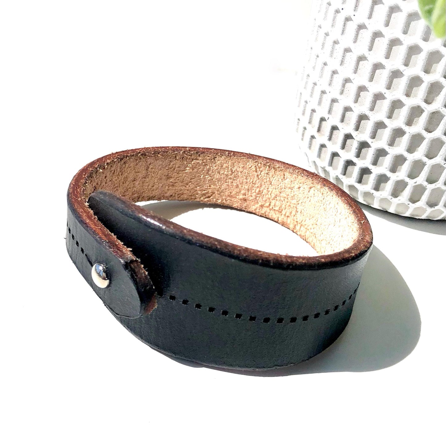 Classic Black Leather Bracelet for Men Handmade from Rawhide Leather