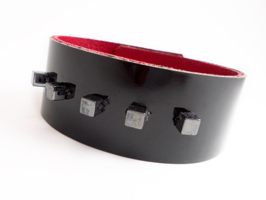 Black Beaded Patent Leather Bracelet for Women