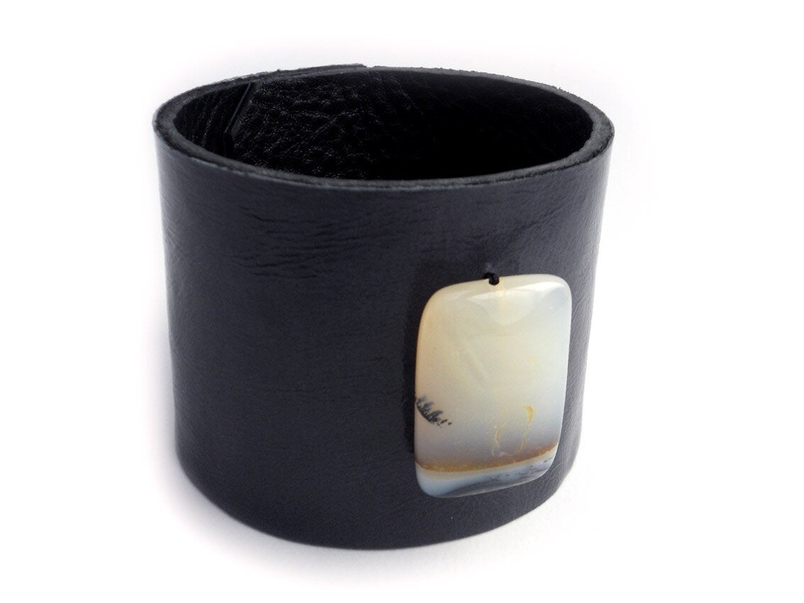 Navy Blue Leather Bracelet with White Carnelian Bead