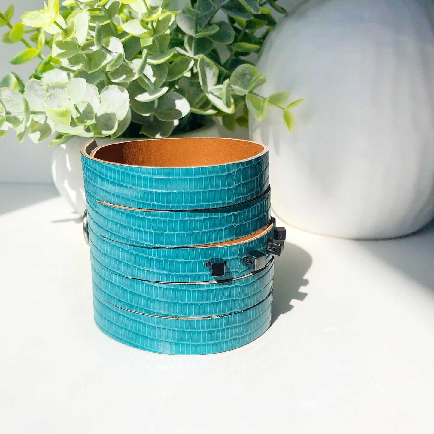 Turquoise Leather Wrist Cuff with Slits